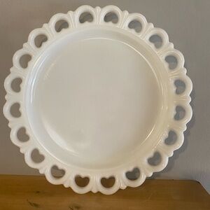 Vintage Anchor Hocking Old Colony milk glass platter with heart lace edge.